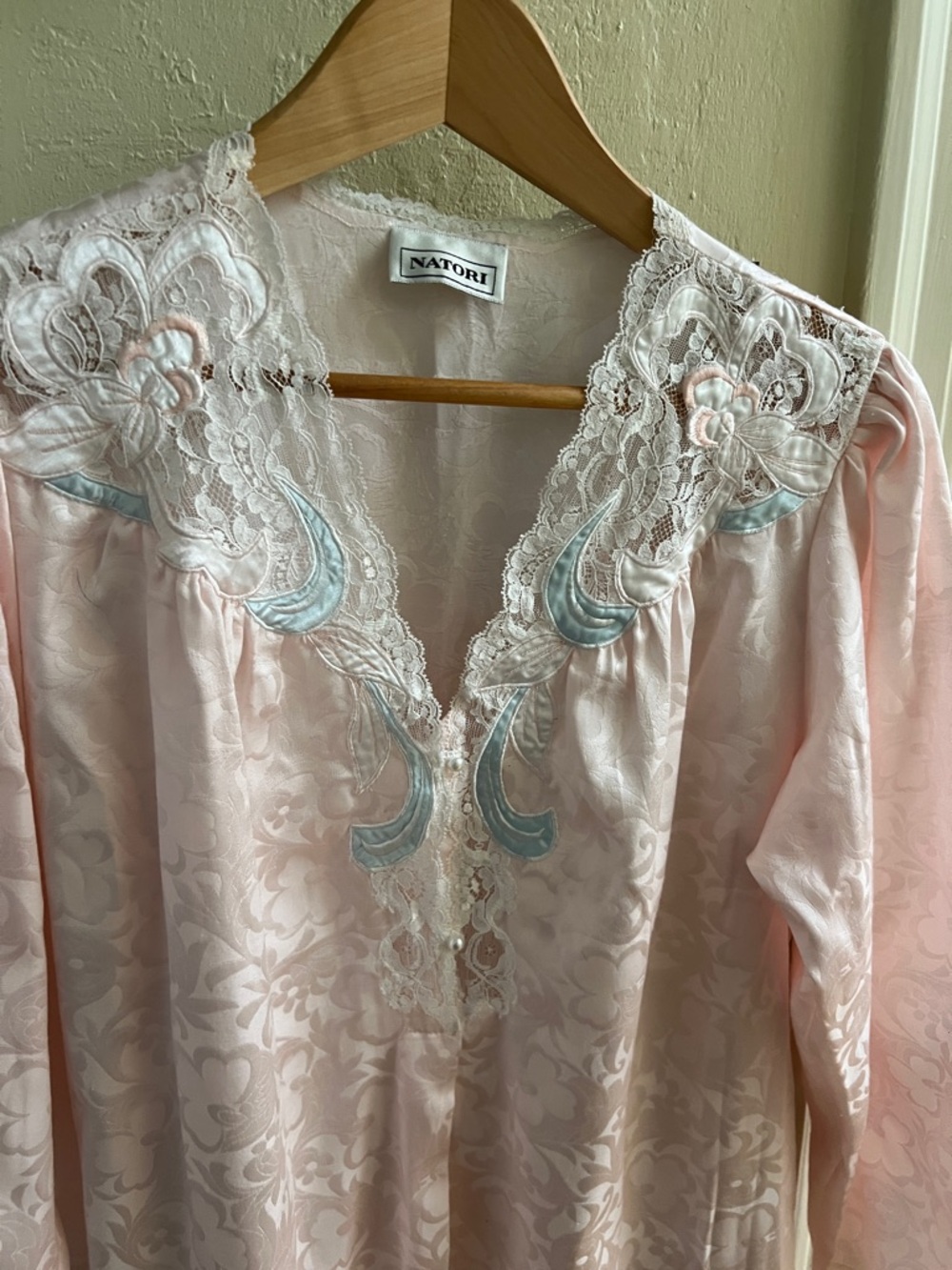 Natori Light Pink Lace-Embroidered Nightgown with Pale Blue Accents